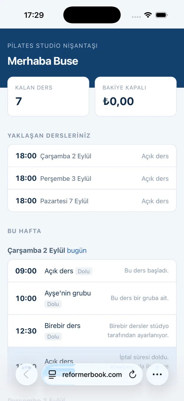 Üyenin WhatsApp linkinden açtığı web sayfası: haftalık program ve kalan ders sayısı